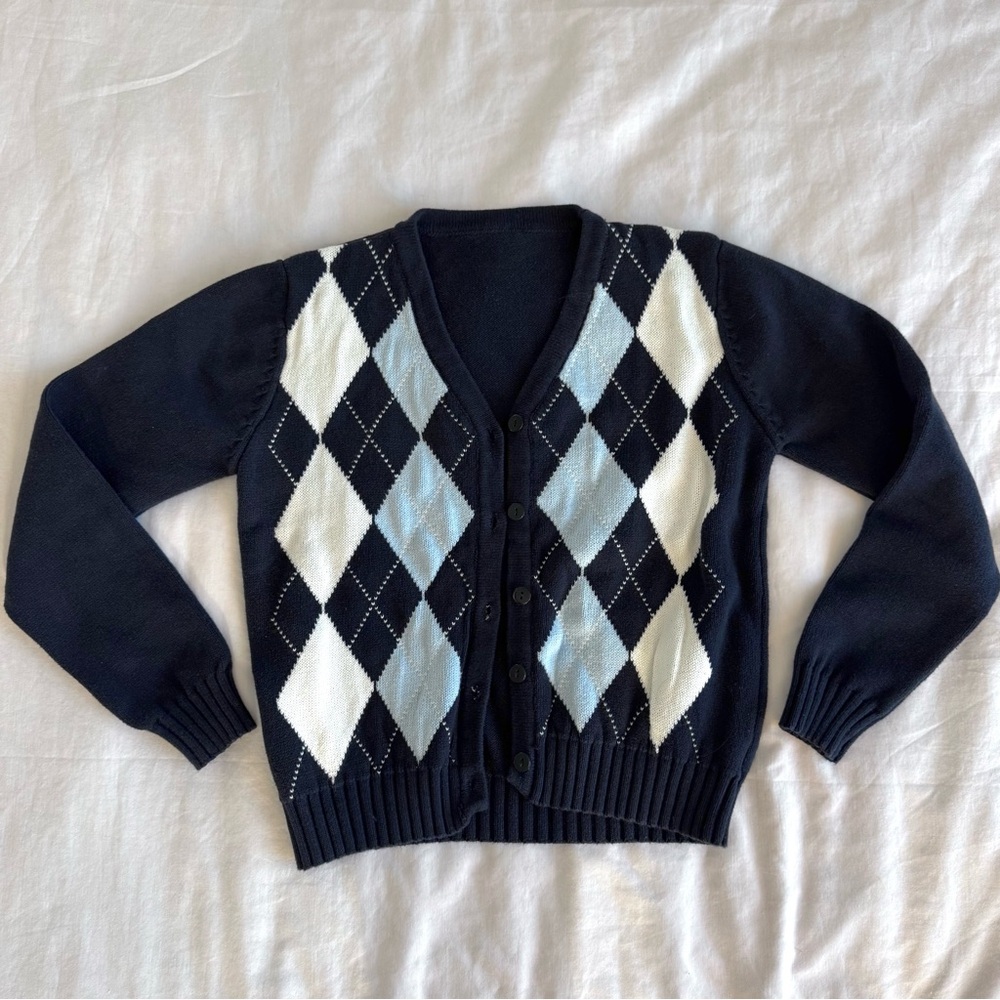 Navy Blue and White Argyle Women's Button Up Cardigan